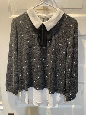 Gray Collared Shirt With White Polka Dots, Layered Look, Size Large